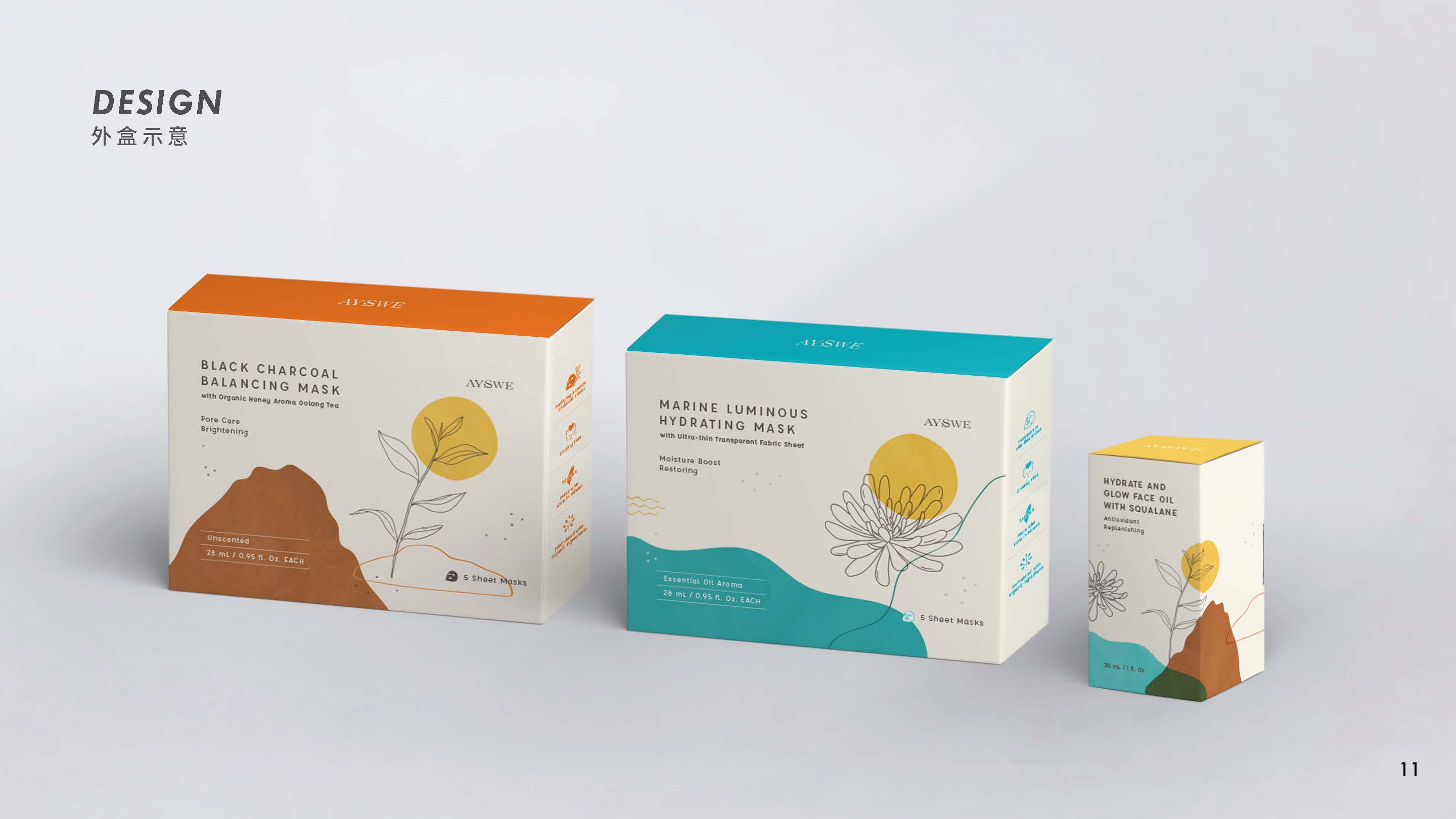 原生植萃黑白面膜精油系列整體包裝設計正面展示